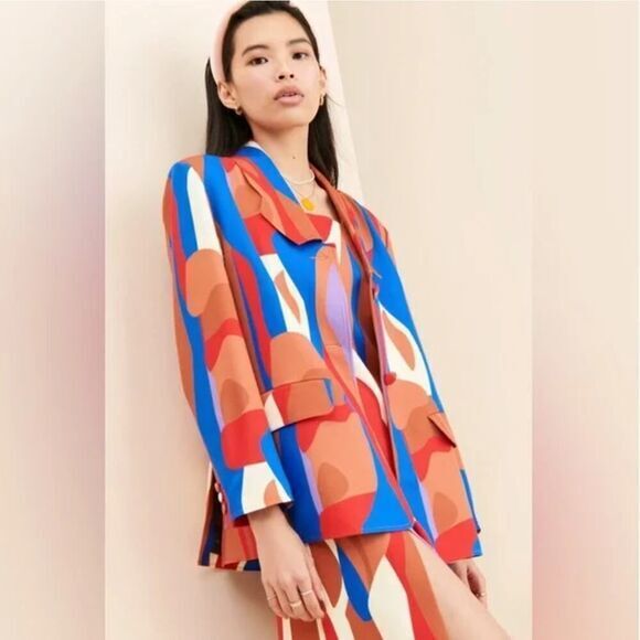 New! Hosbjerg Anthropologie Greta Adele Blazer geometric abstract print red blue - Picture 1 of 16